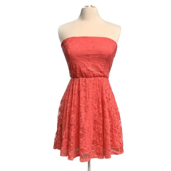 Coral Pink Lace Strapless Fit and Flare Mini Dress - Picture 1 of 9